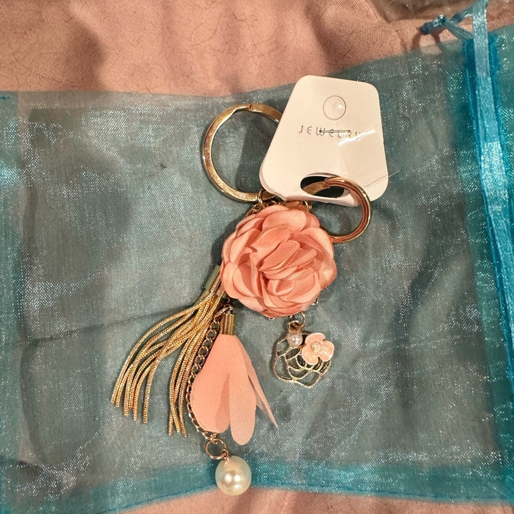 Pink Floral Keychain with Tassel and Pearl